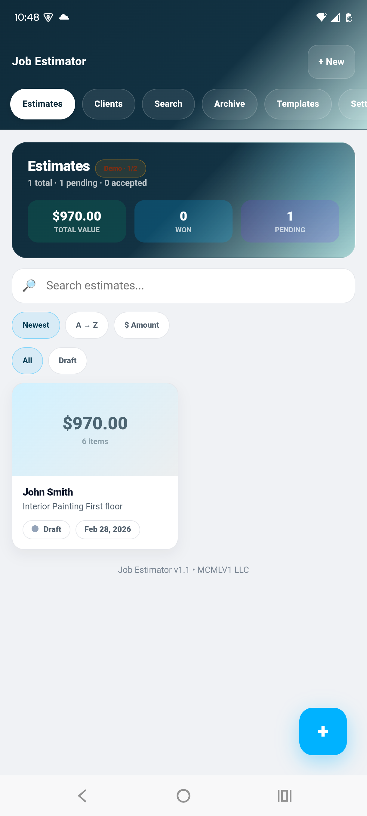 Job Estimator dashboard with active estimates