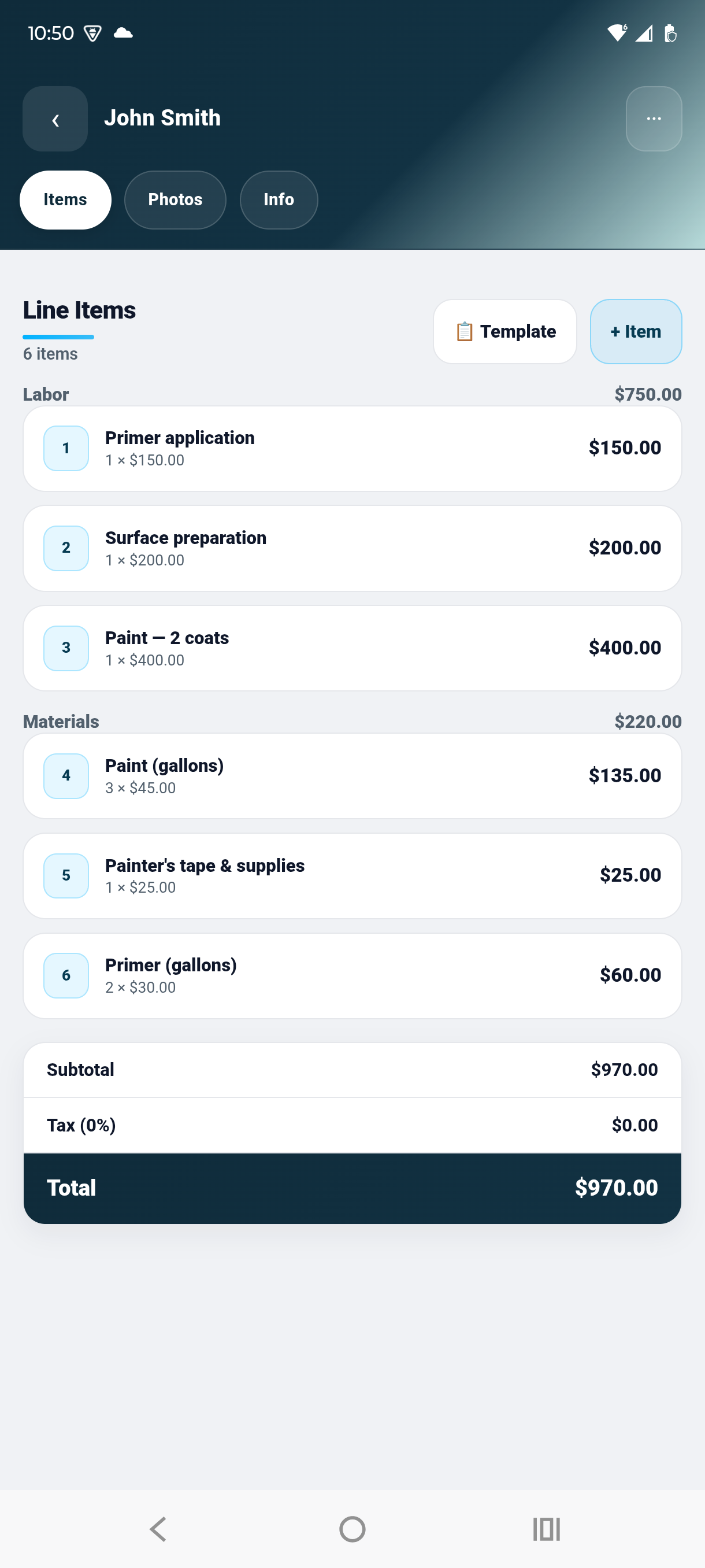 Estimate detail with line items and totals