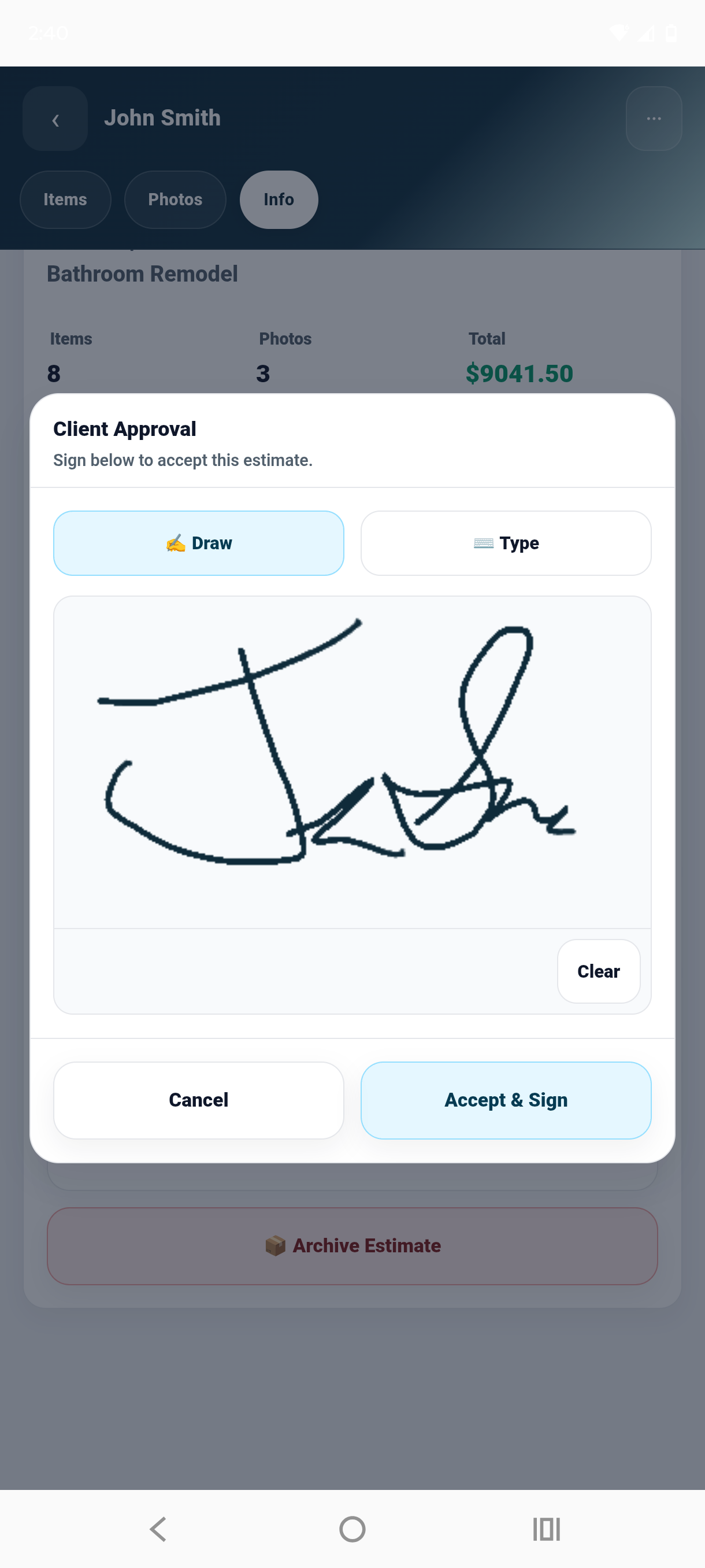 Job Estimator and Invoices client signature approval screen