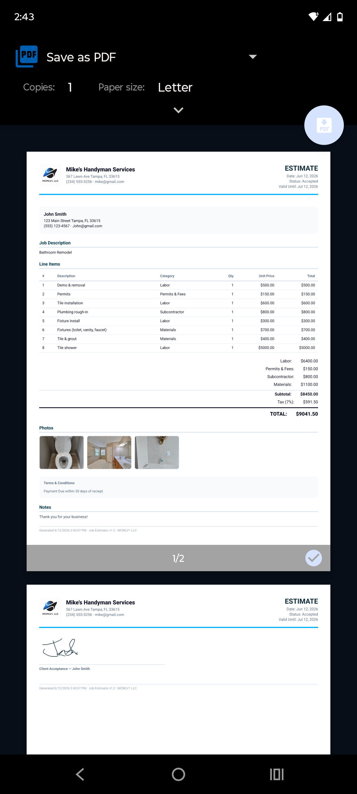 Job Estimator and Invoices PDF print preview screen