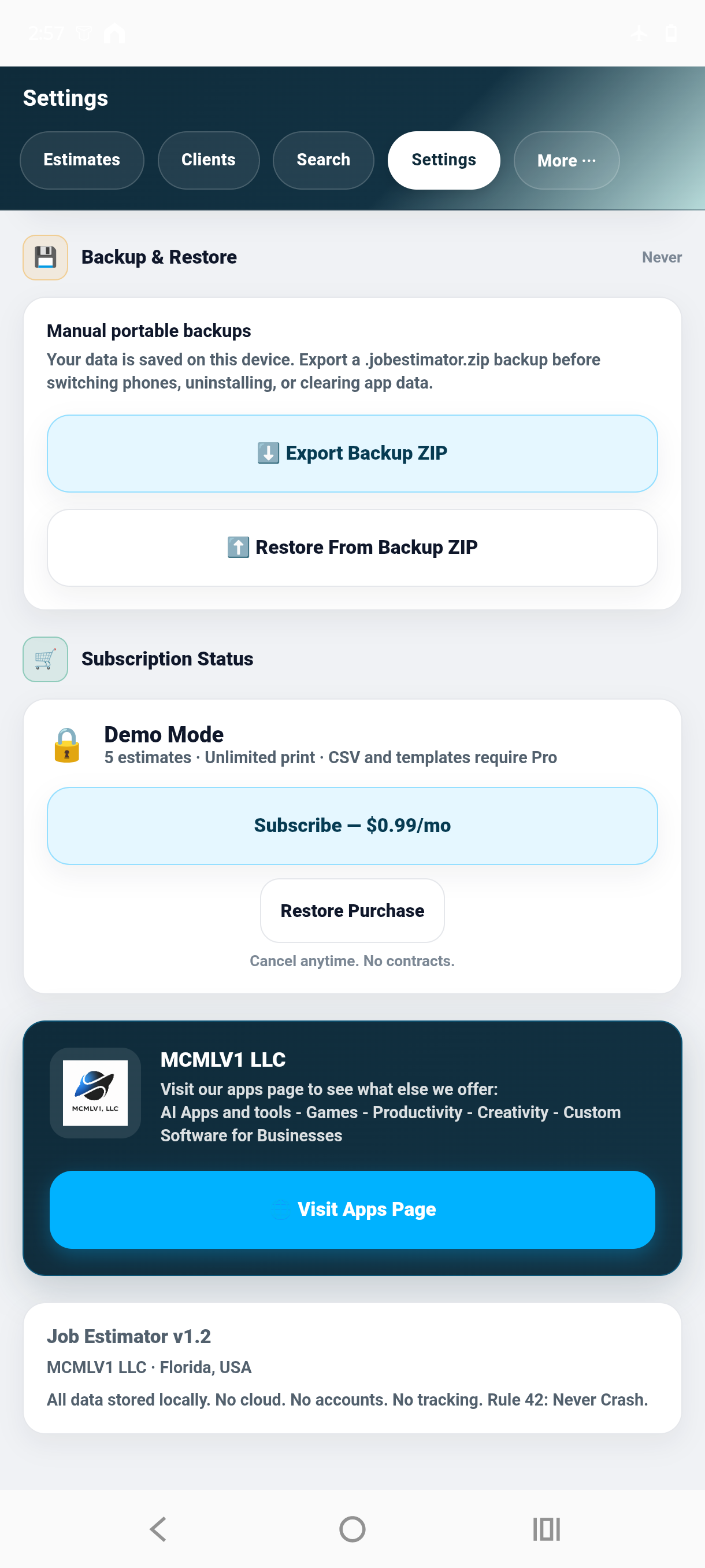 Job Estimator and Invoices backup and restore ZIP screen