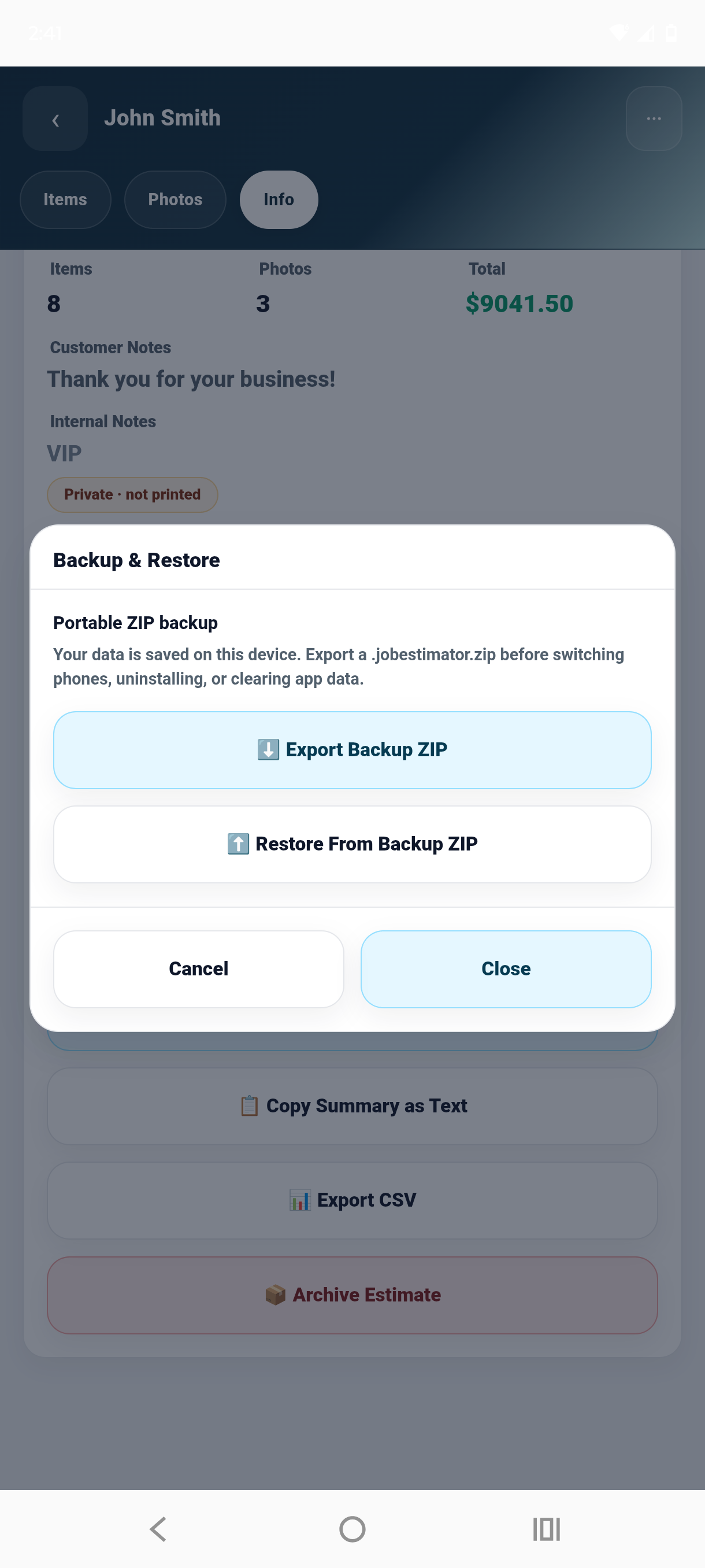 Job Estimator and Invoices templates, search, or business workflow screen