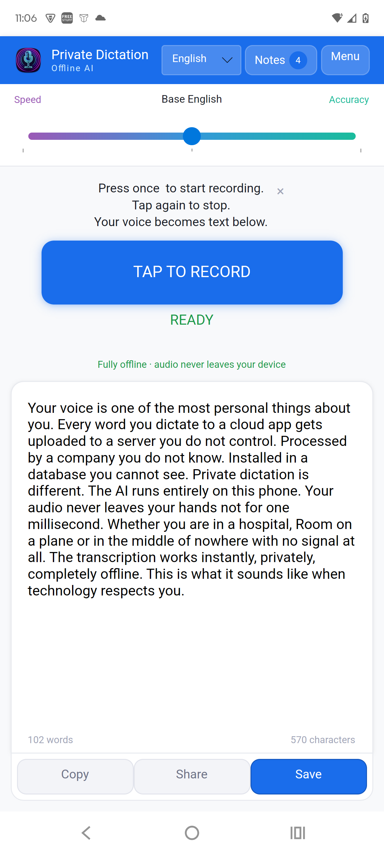 Private Dictation - Privacy pitch and live recording screen