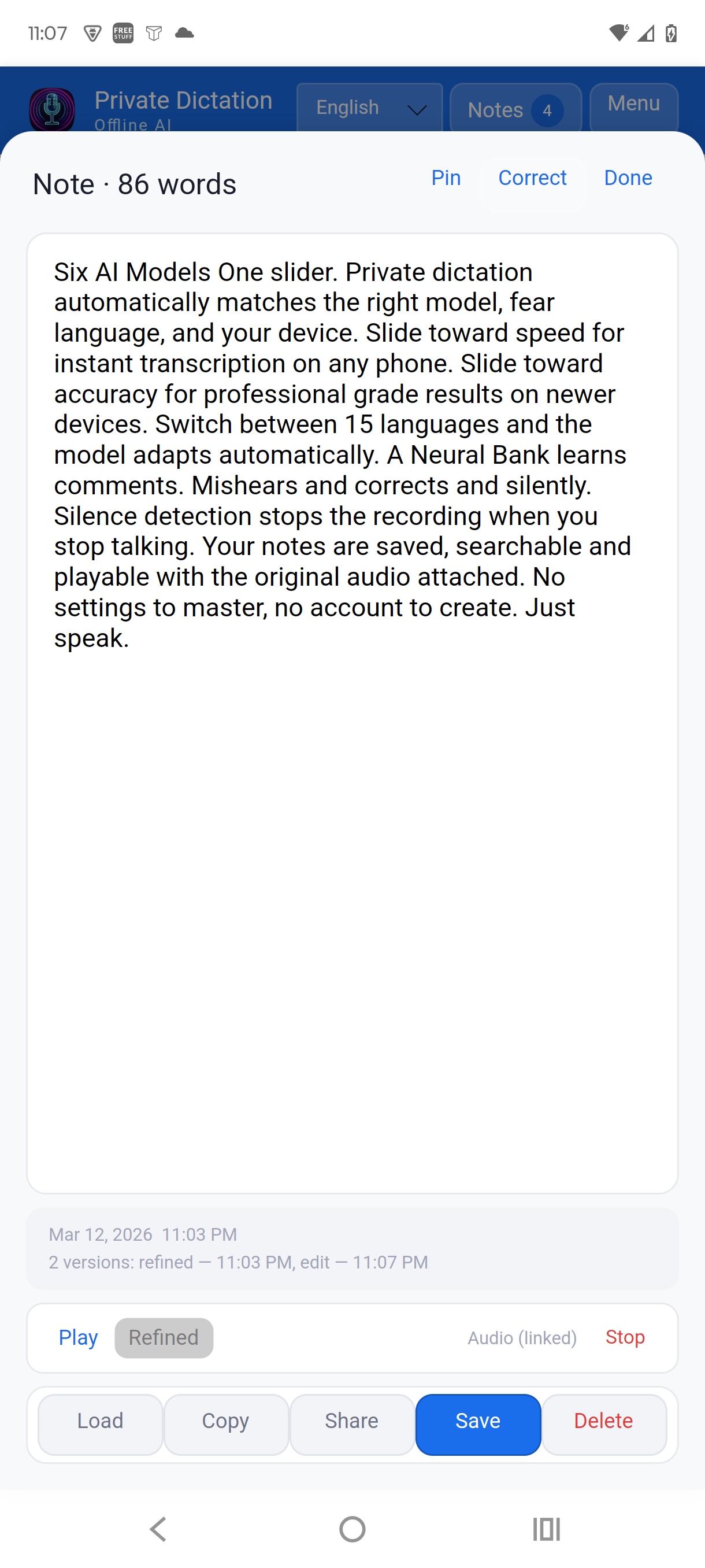 Private Dictation - Note detail with features pitch and Refined label