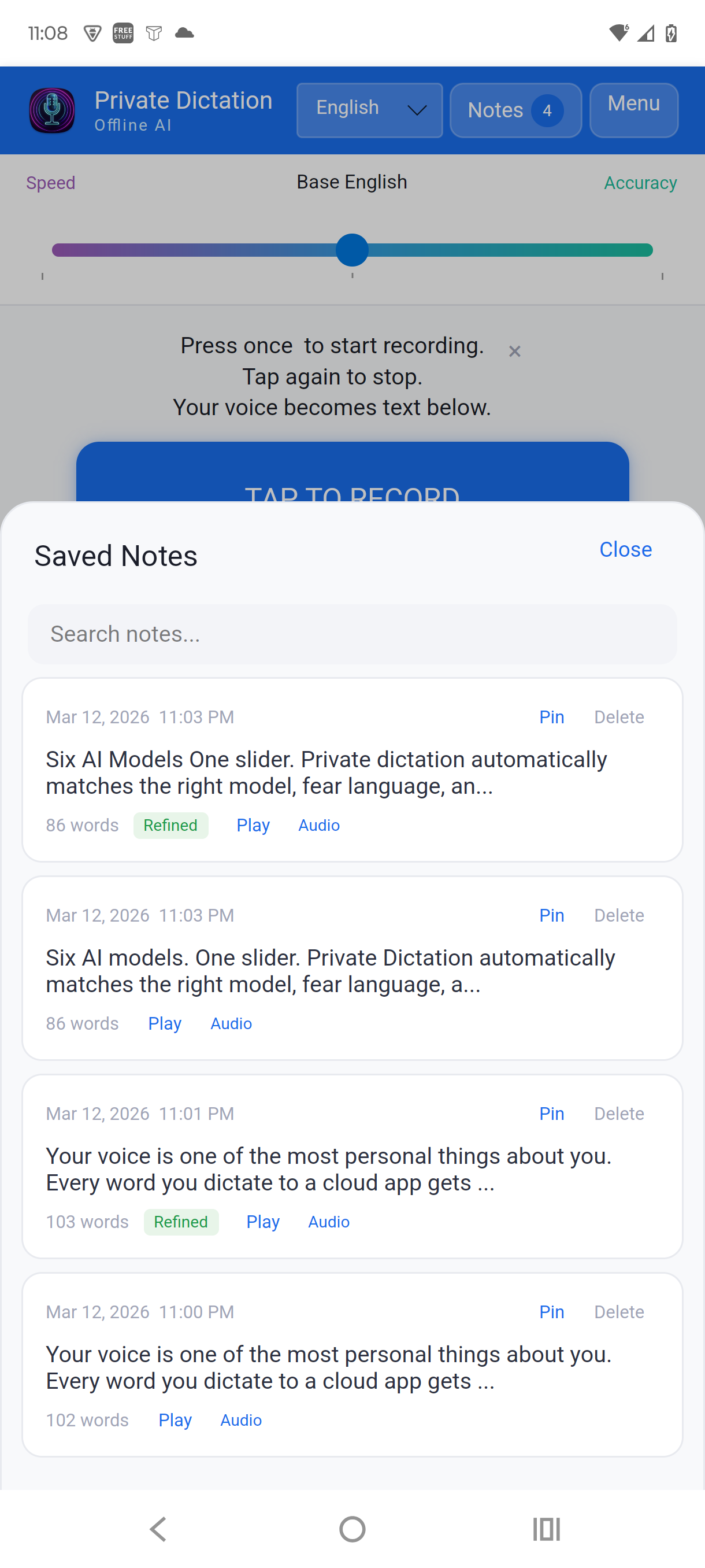 Private Dictation - Saved notes list with Refined badges, search, and audio