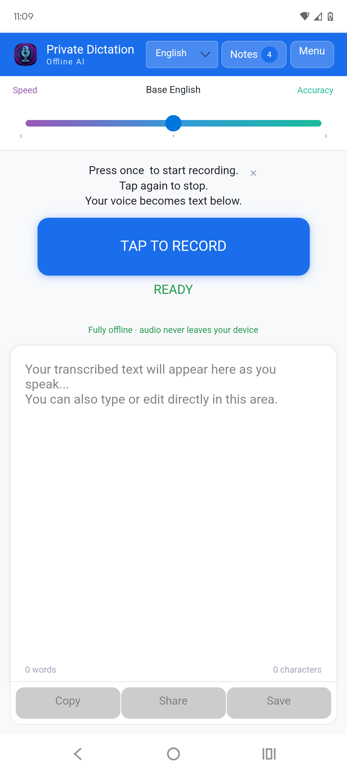 Private Dictation - Clean main screen with speed/accuracy slider