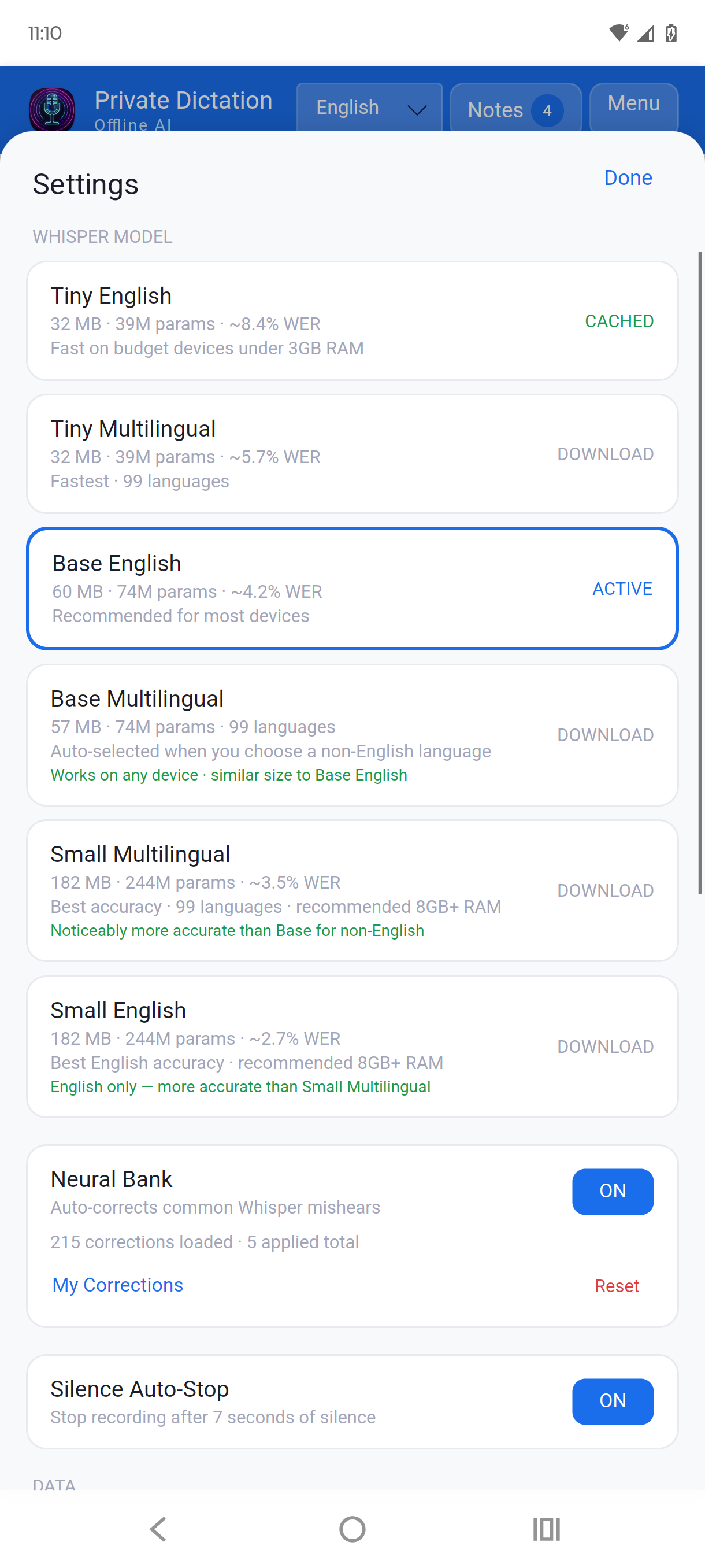 Private Dictation - Settings with all 6 Whisper models and ACTIVE badge