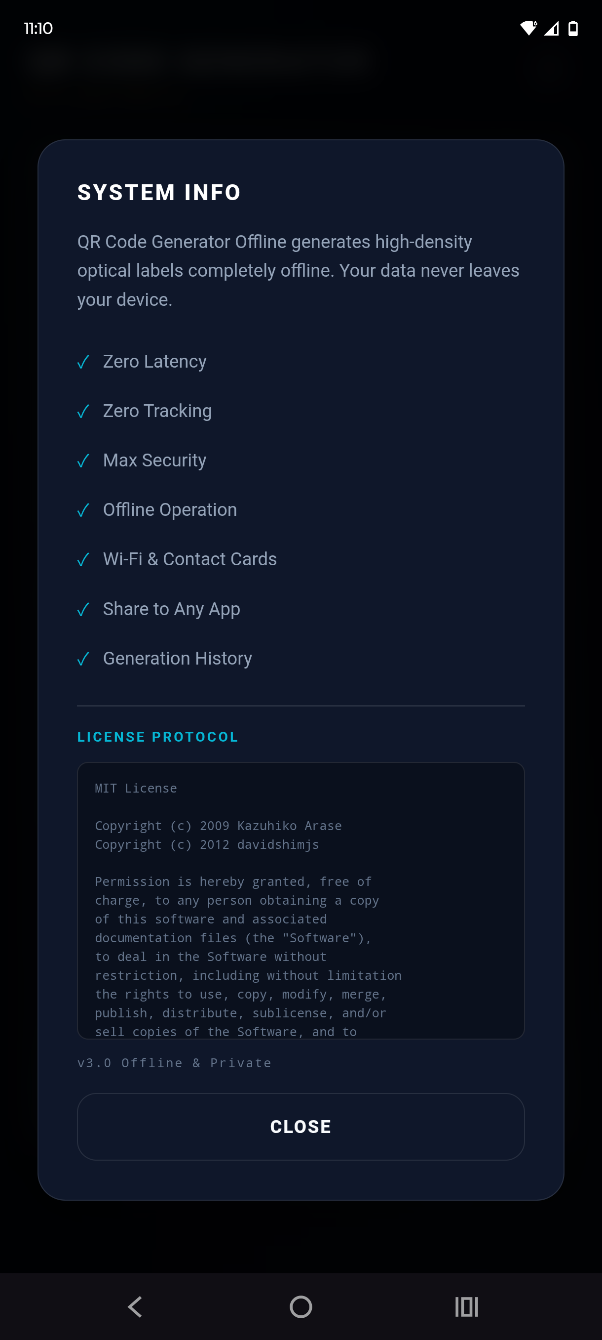 App information and license