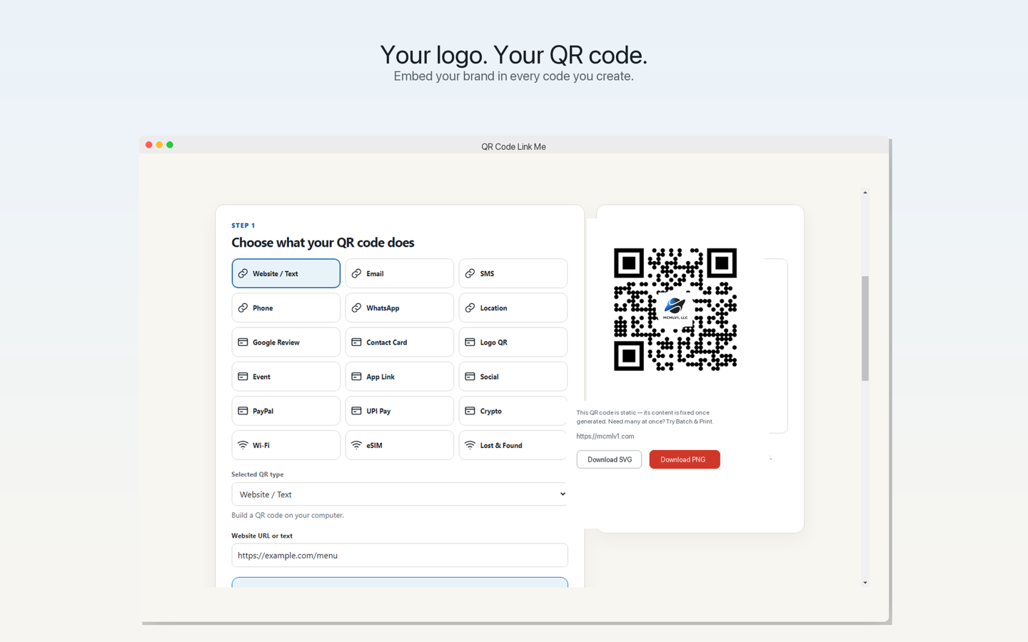 A QR code with a logo in the center, made in QR Code Link Me on a Mac