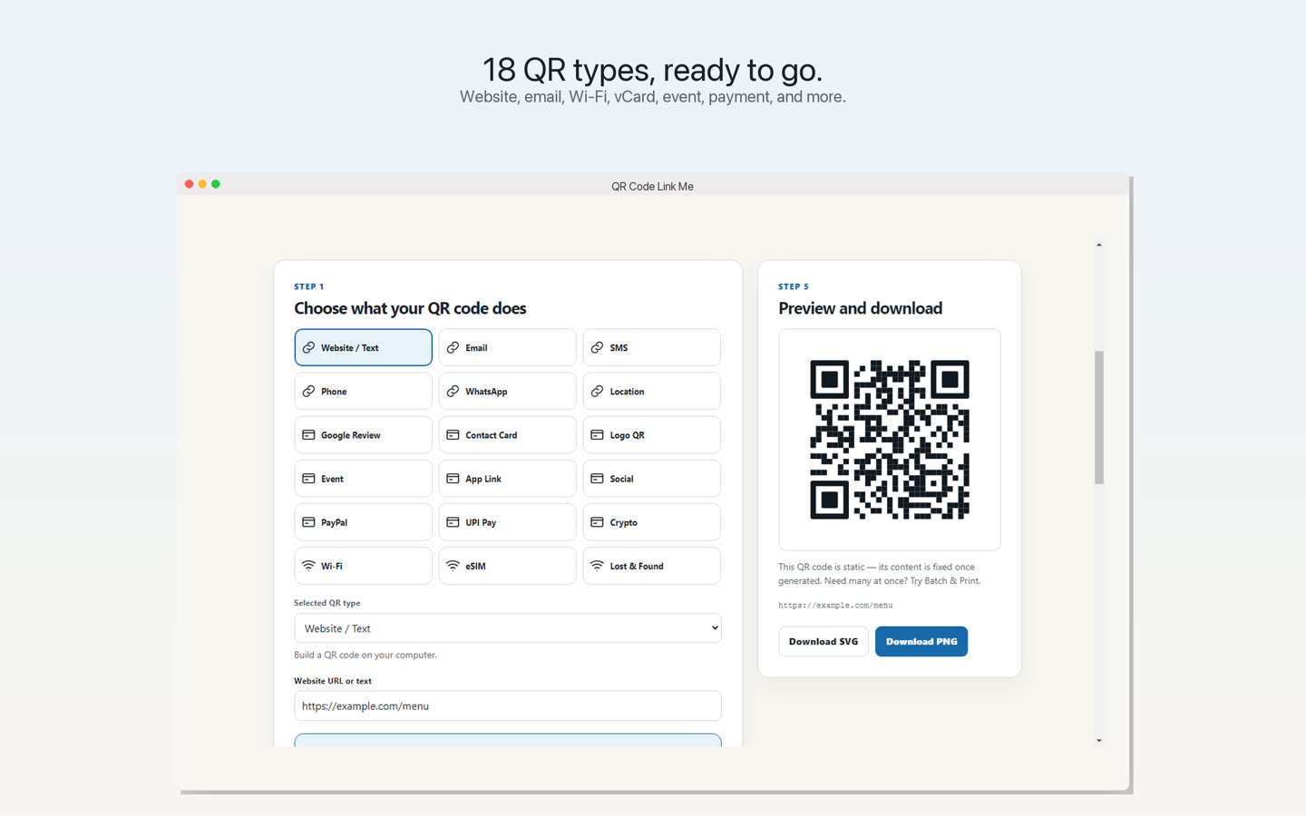 Choosing one of 18 QR code types in QR Code Link Me