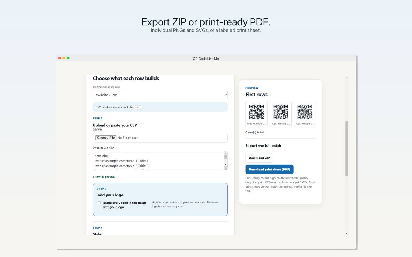 Batch preview with ZIP and PDF print sheet export