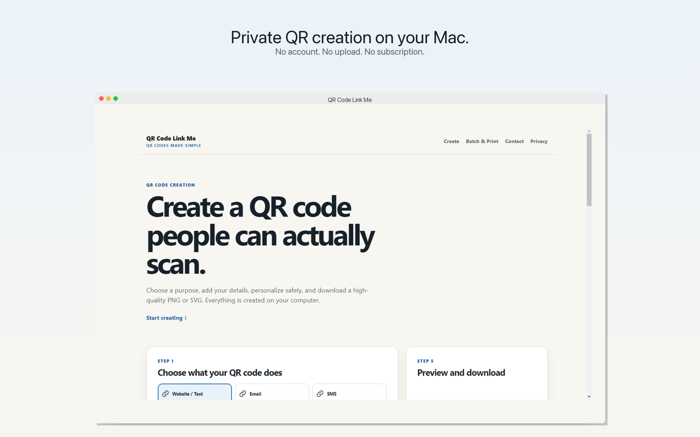 QR Code Link Me running privately on a Mac with no account