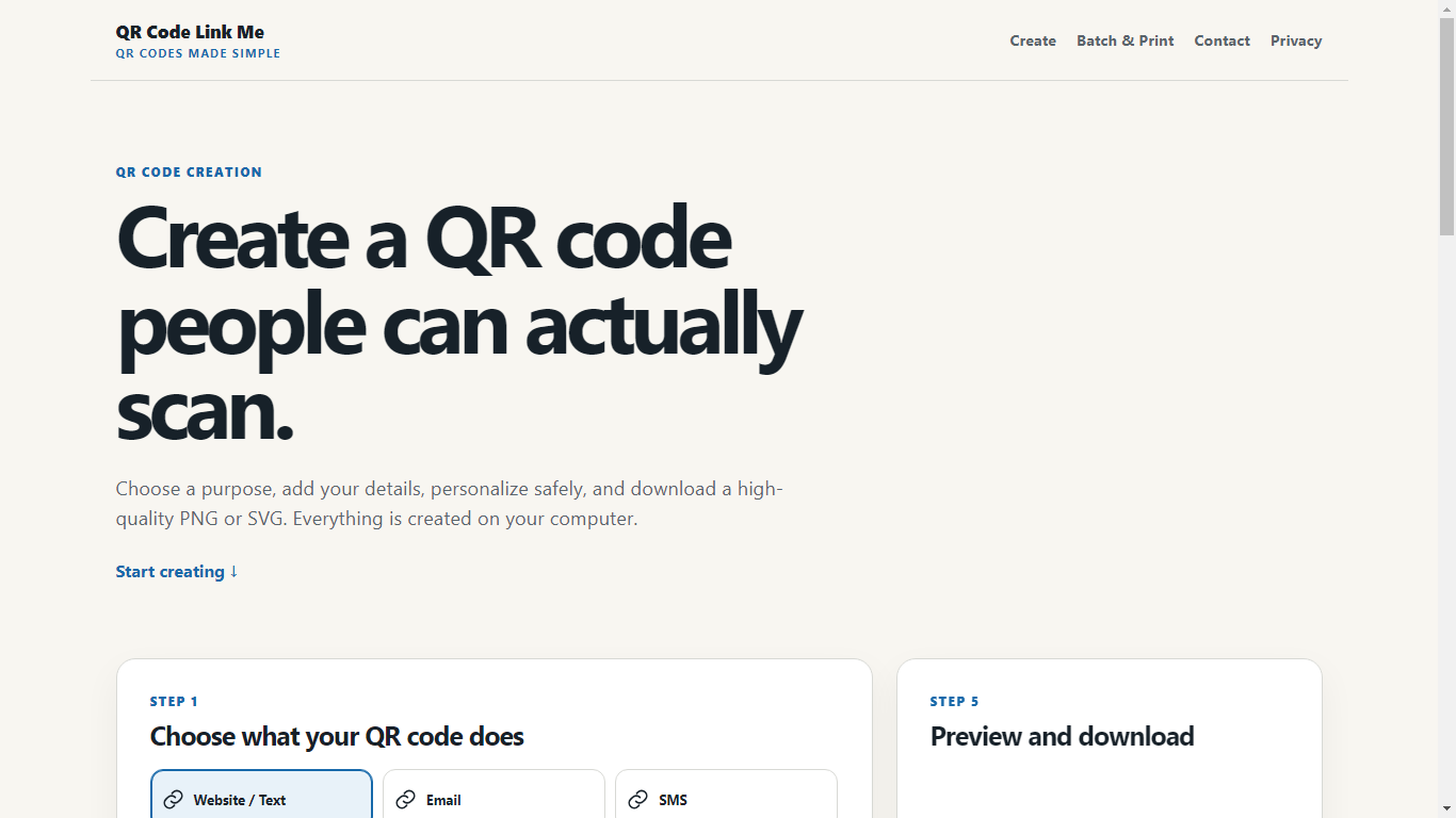 Choosing a QR code type in QR Code Link Me