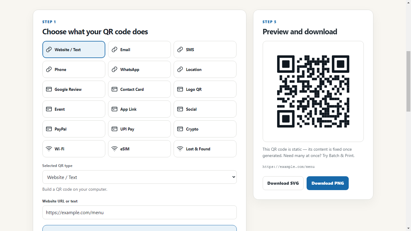 A generated QR code with SVG and PNG download buttons