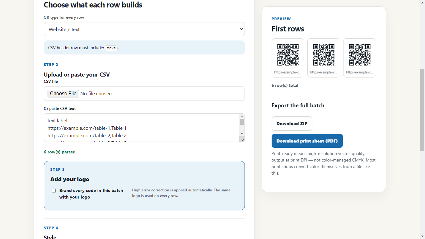 Batch preview with ZIP and print sheet export