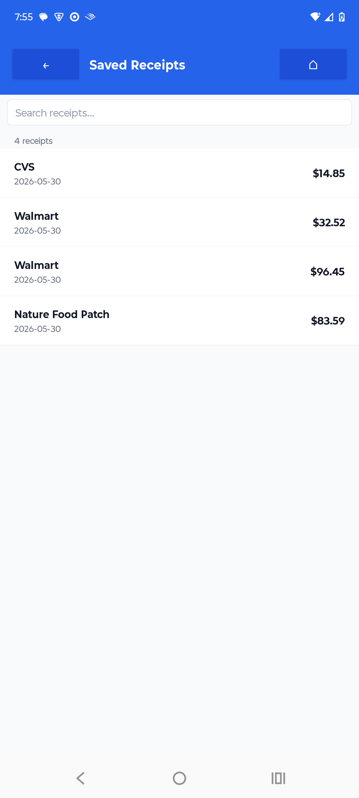 Receipt Scanner saved receipt details