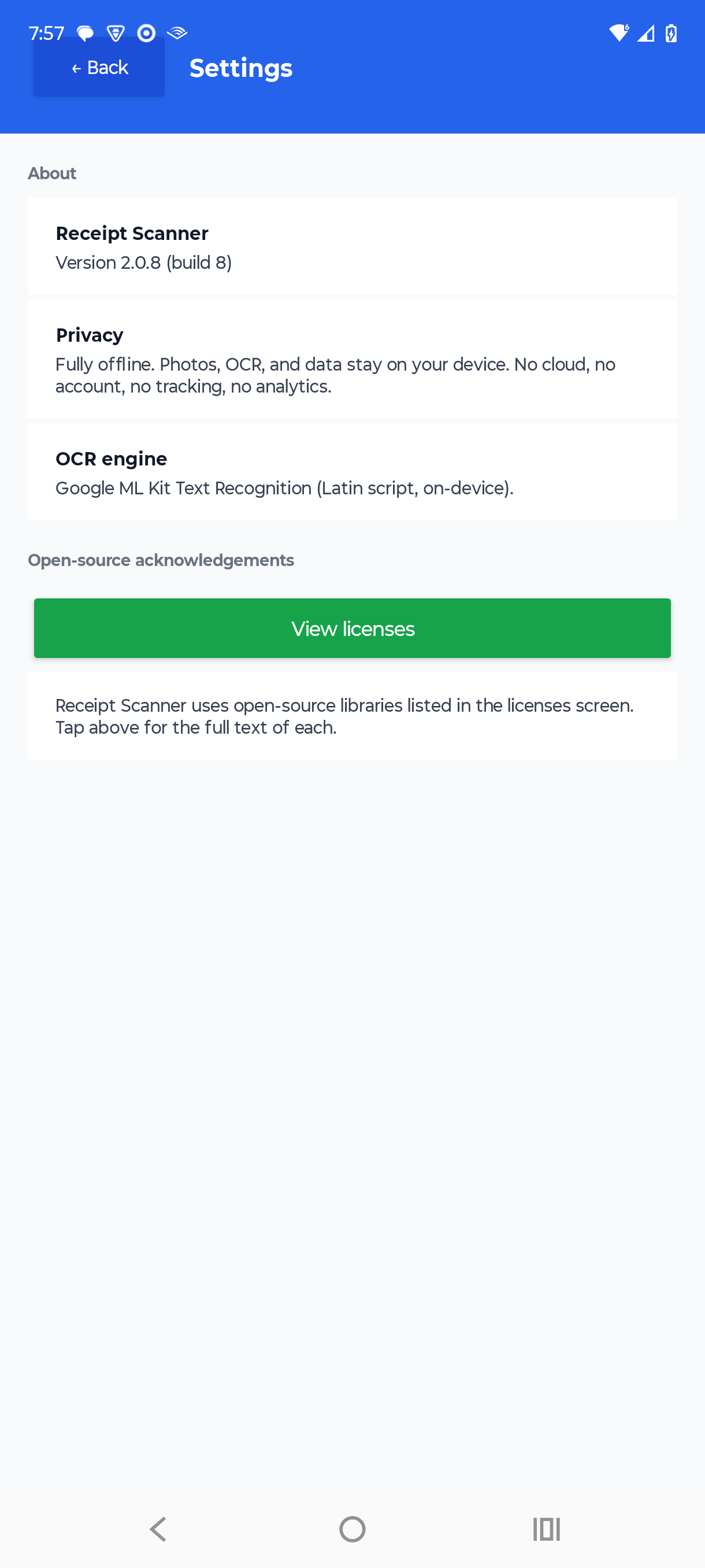 Receipt Scanner settings and privacy screen