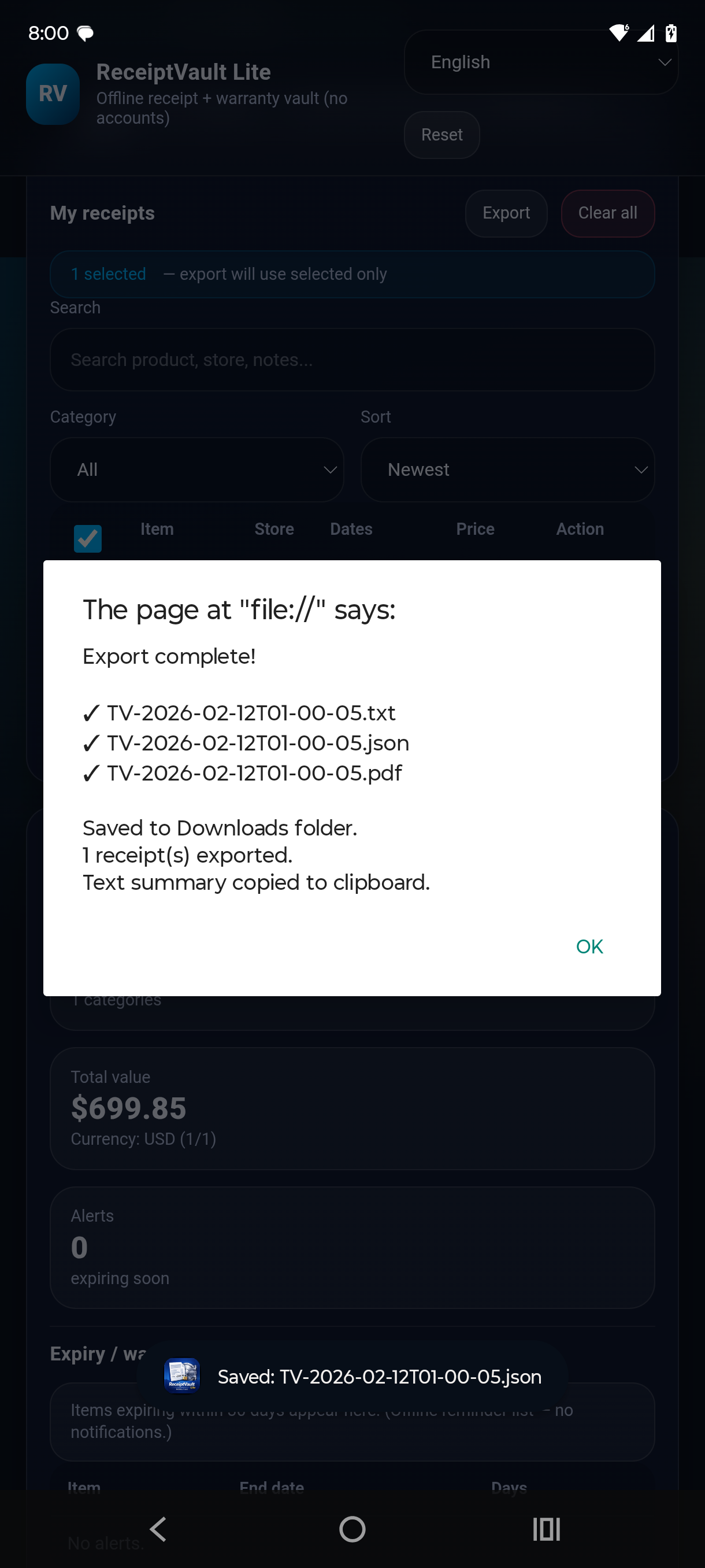 ReceiptVault Lite - Export Options
