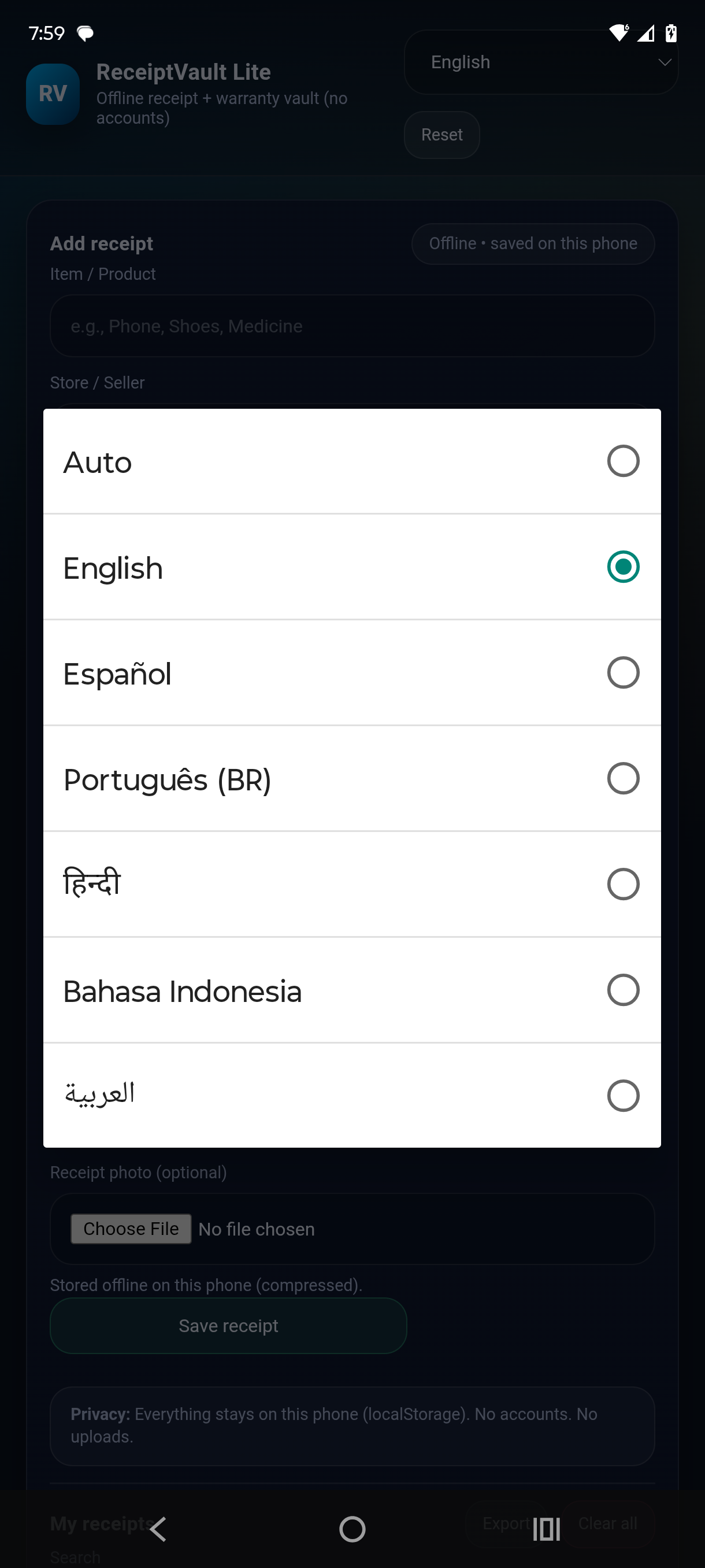 ReceiptVault Lite - 6 Language Support