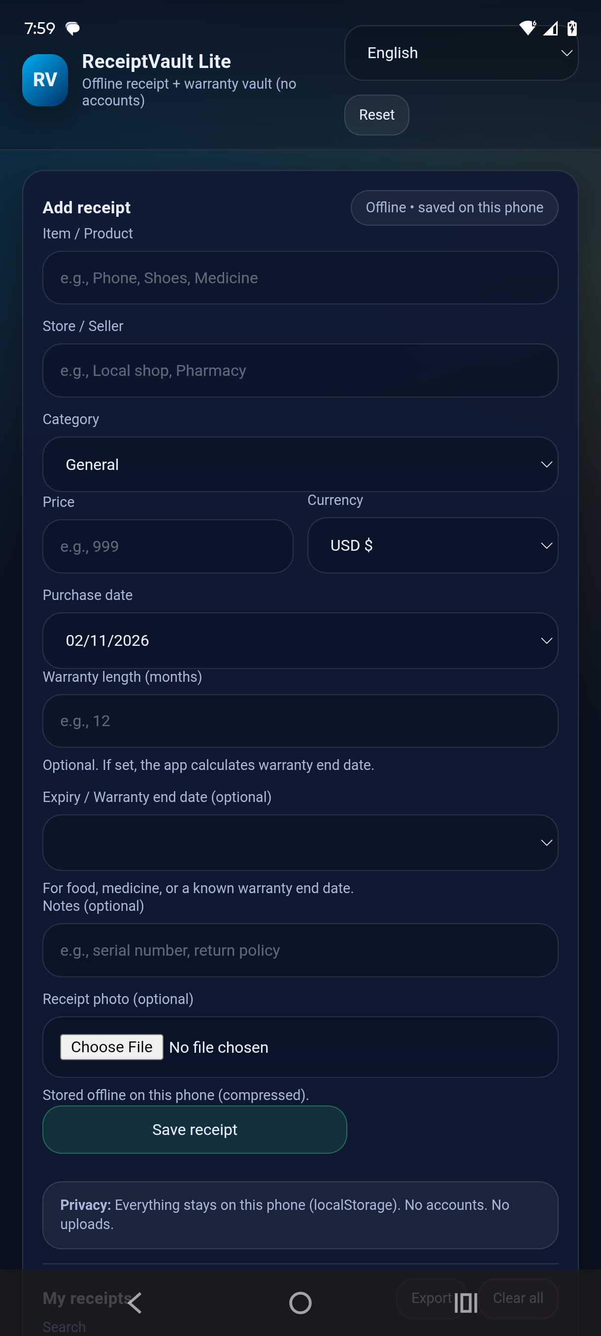 ReceiptVault Lite - Main Screen
