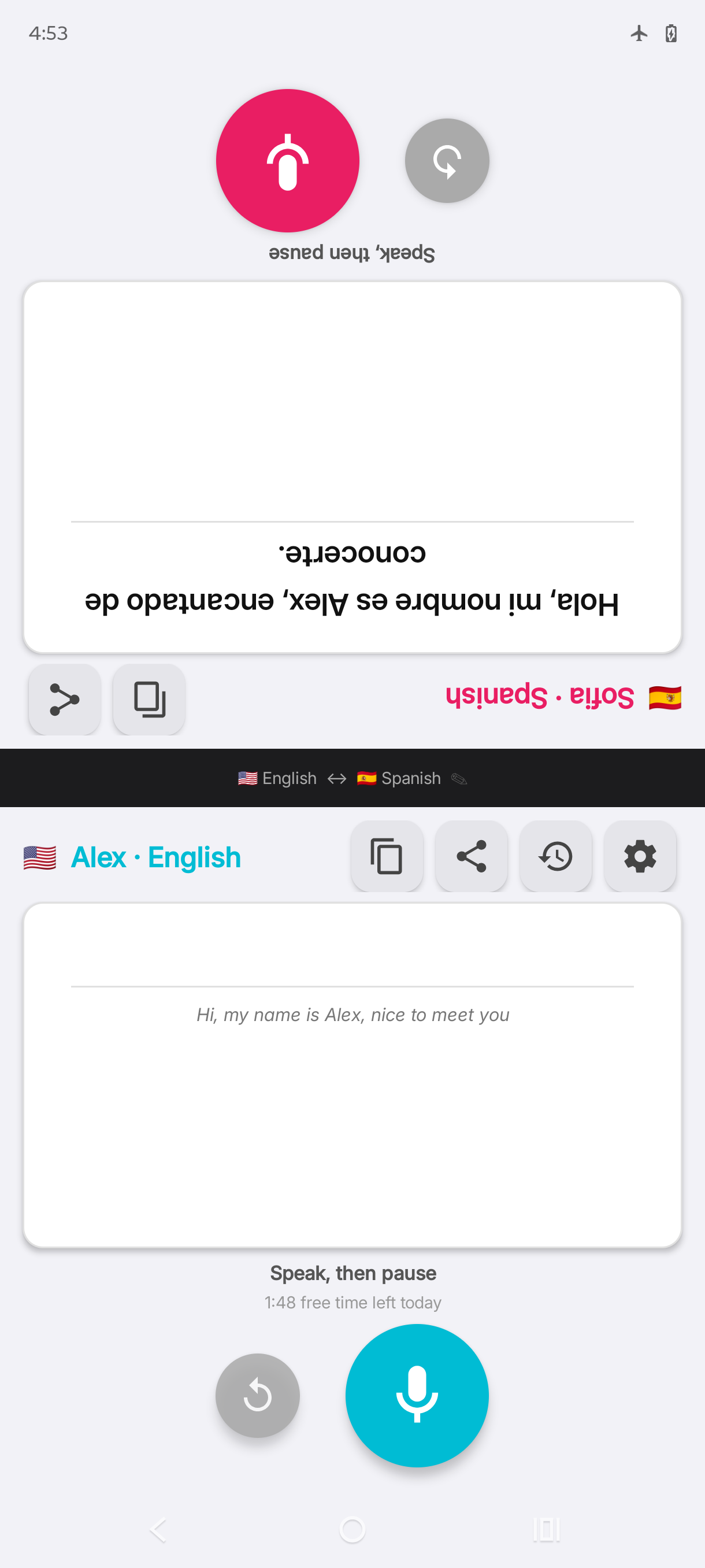 TalkTogether - English to Spanish conversation between Alex and Sofia