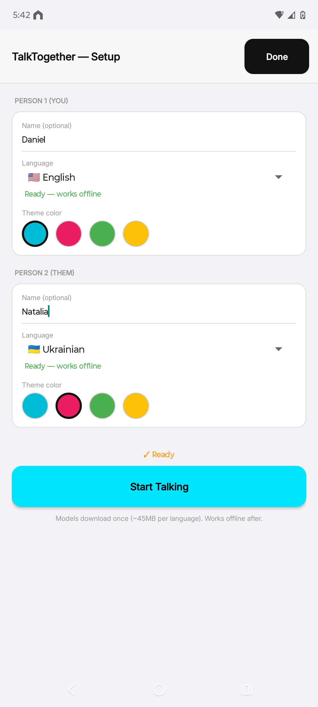 TalkTogether - Setup screen showing all 14 language flags