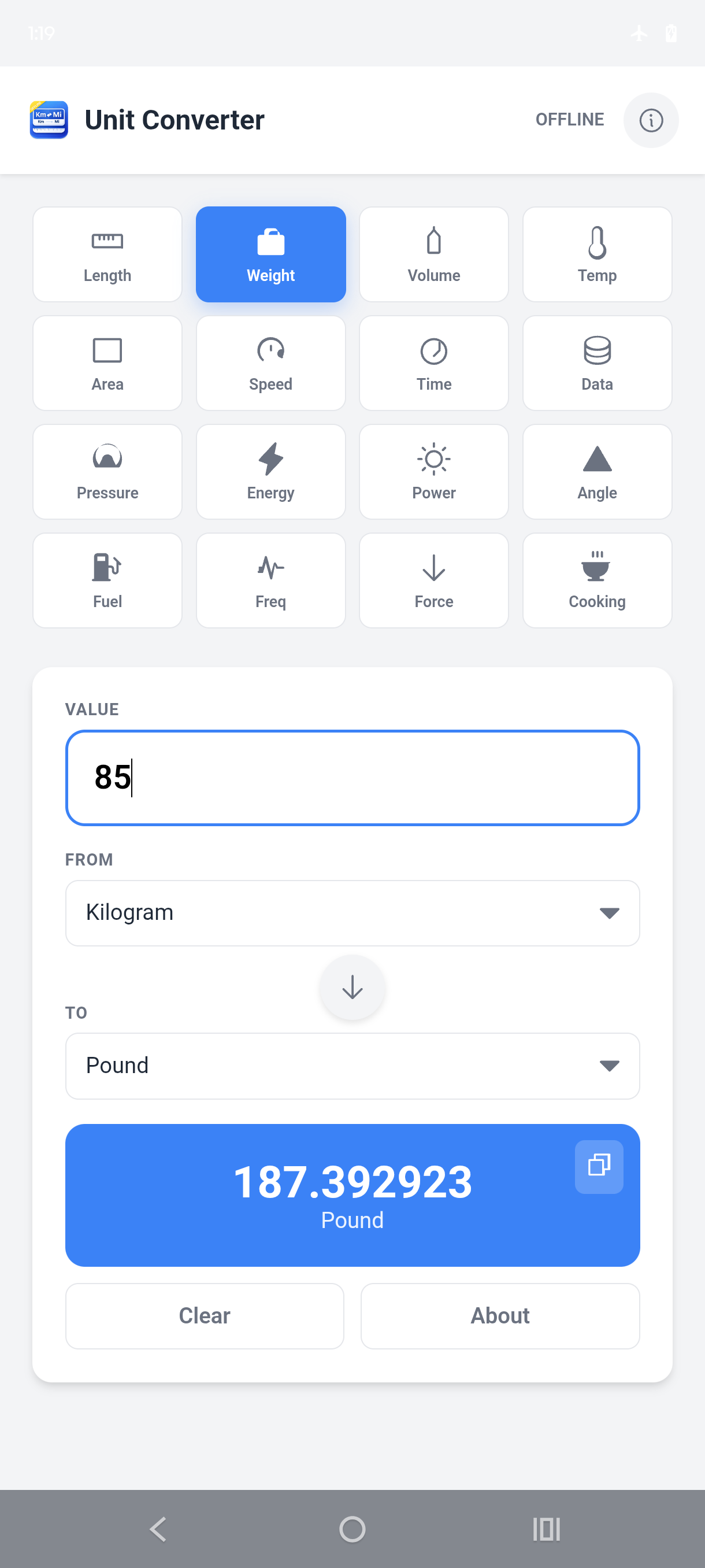 Unit Converter Offline weight conversion screen