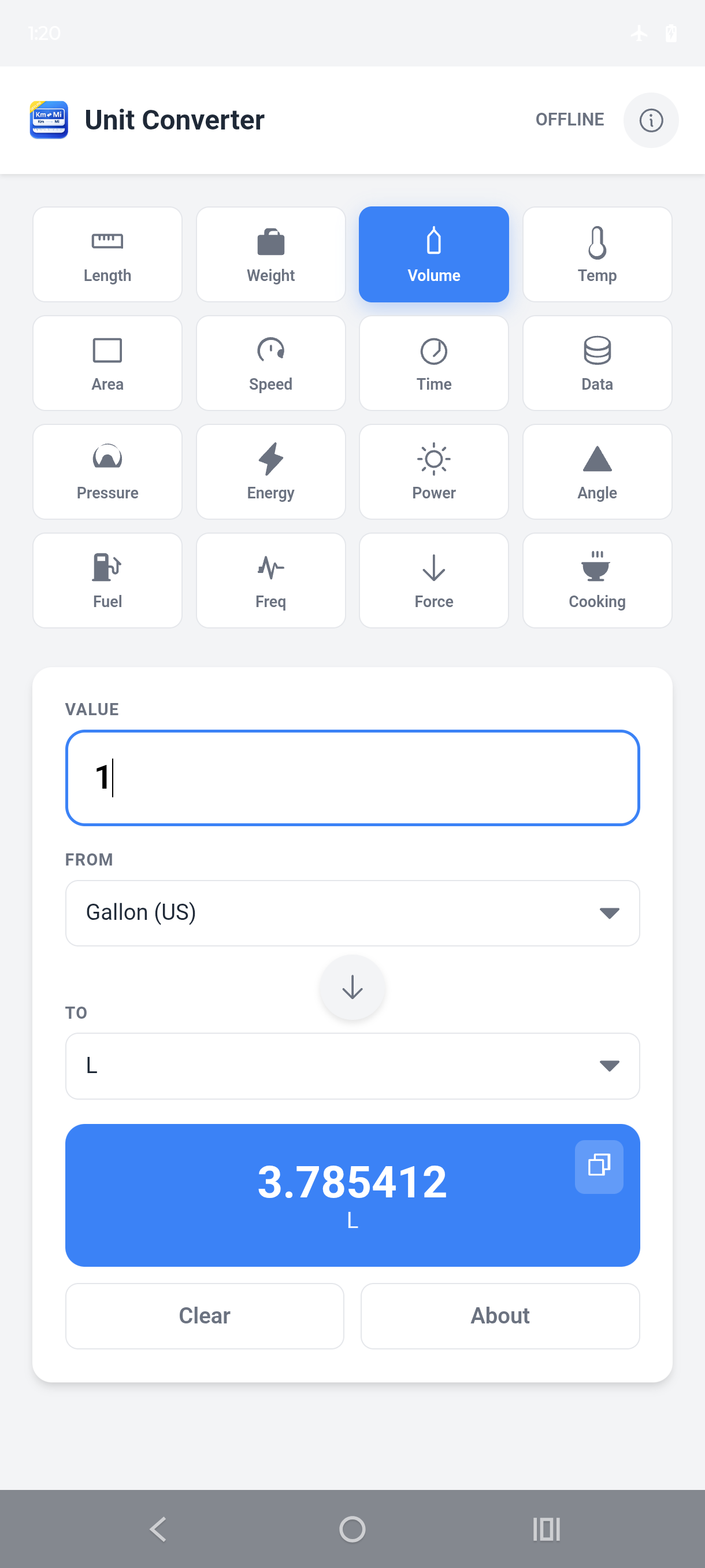 Unit Converter Offline volume conversion screen