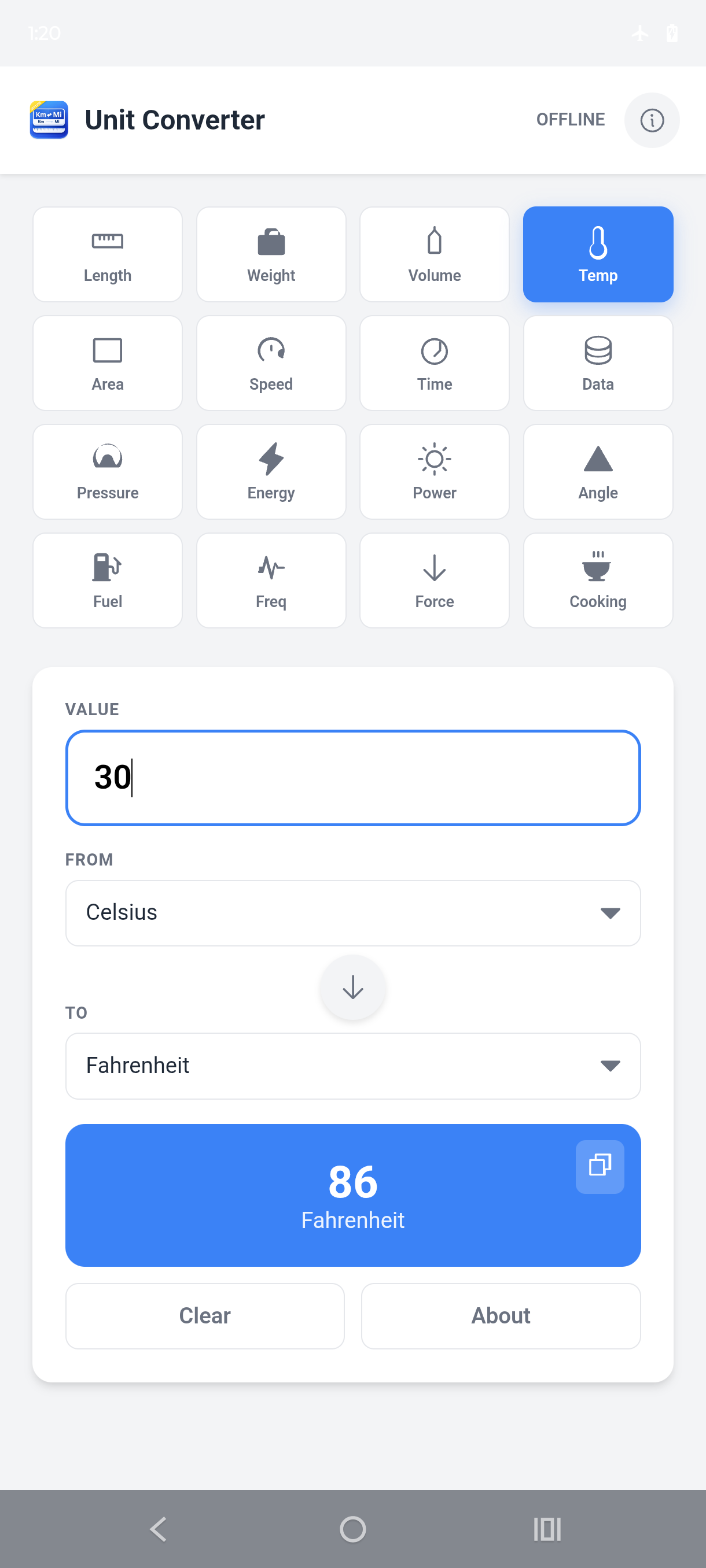 Unit Converter Offline temperature conversion screen
