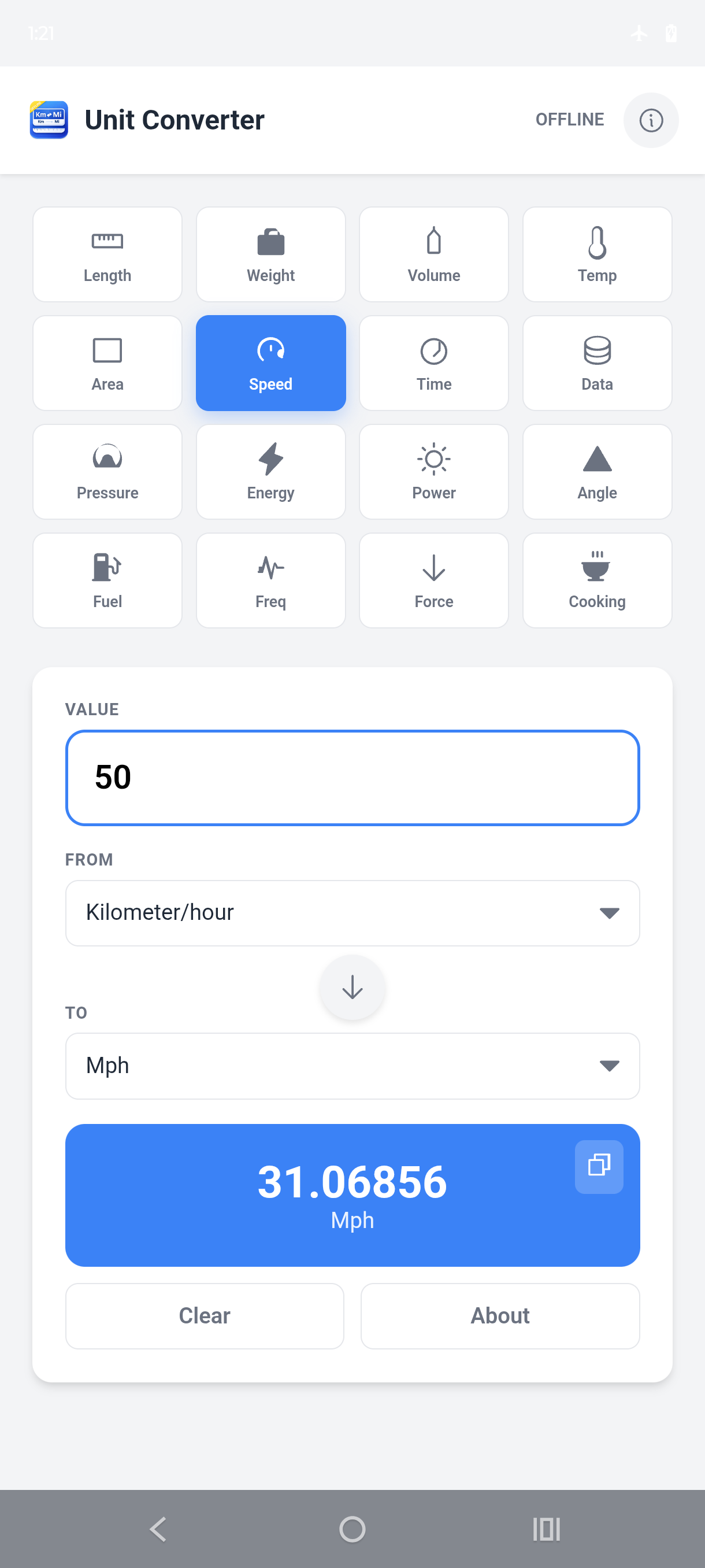 Unit Converter Offline speed conversion screen