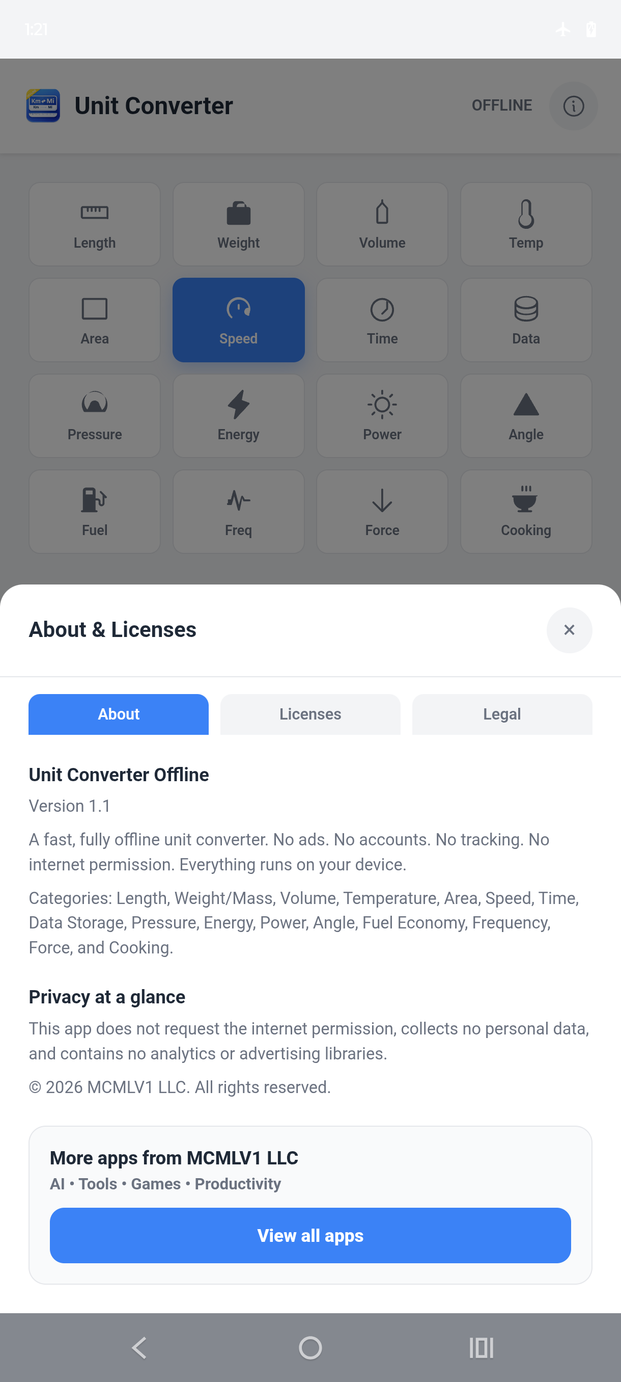 Unit Converter Offline about and privacy information screen